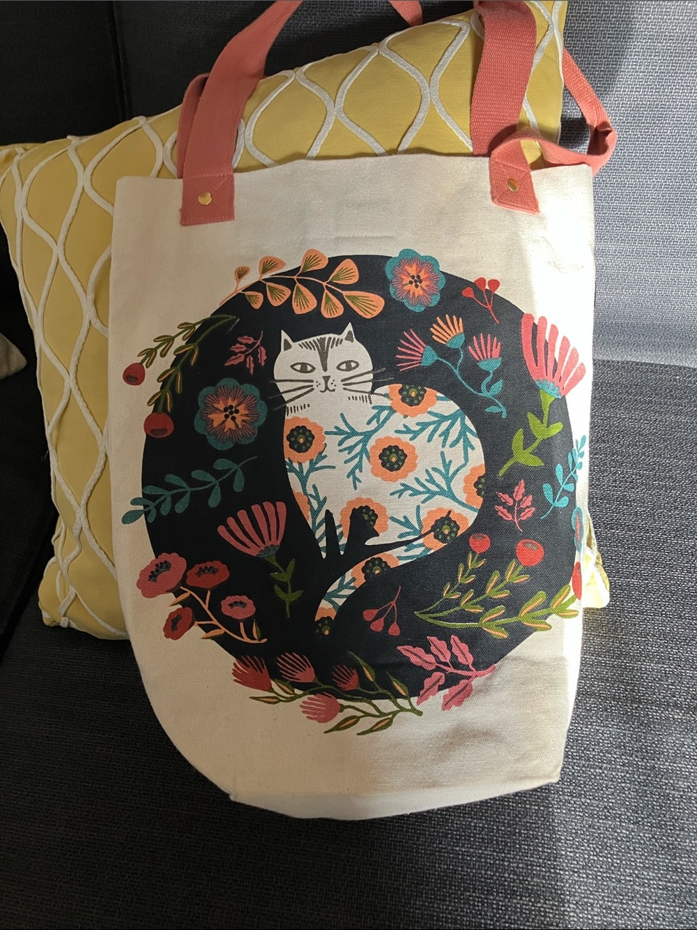 Cream Canvas Tote with Coral Handles and Floral Cat Motif